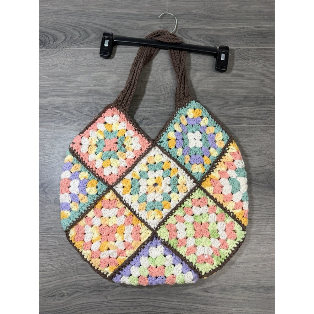 Handmade Crochet Granny Square Tote Bag Multicolor Boho Hippie Travel Comfort